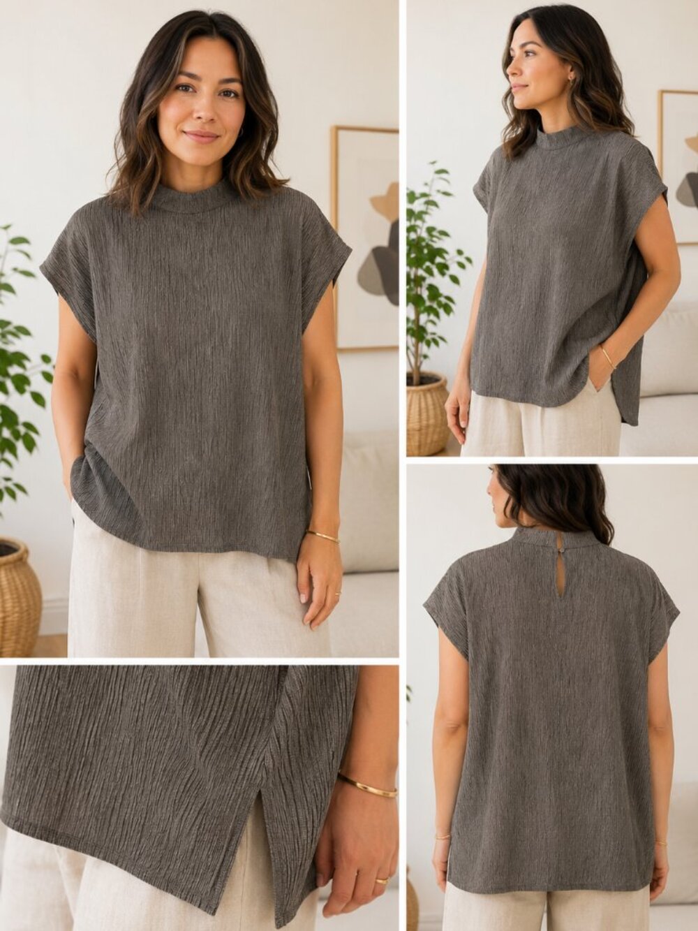 Eileen Fisher NWT Mock Neck Blouse Large Lagenlook Coastal Grandma Minimalist